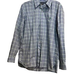 Ralph Lauren Men's L Button-Up Shirt  Long Sleeve Cotton Stretch Blue Plaid